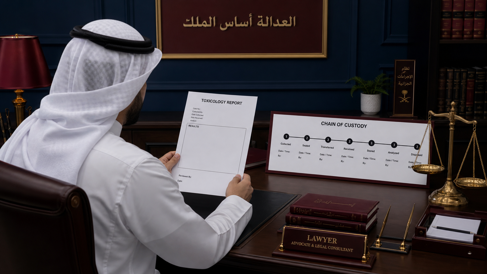 محامي يراجع تقرير تحليل مخدرات في السعودية